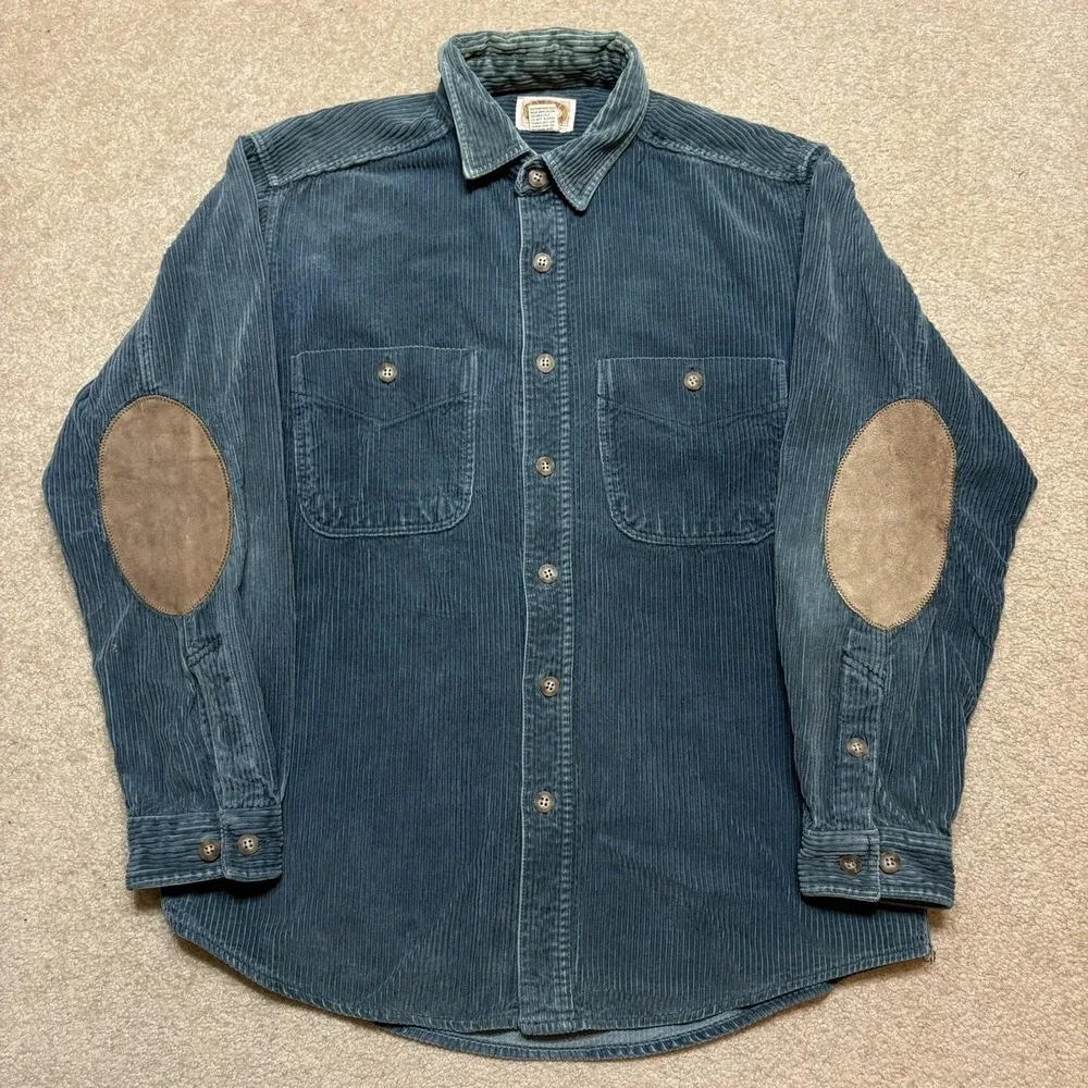 Vtg 80s Banana Republic Safari Corduroy Shirt Mens Medium Blue Suede Elbow Patch